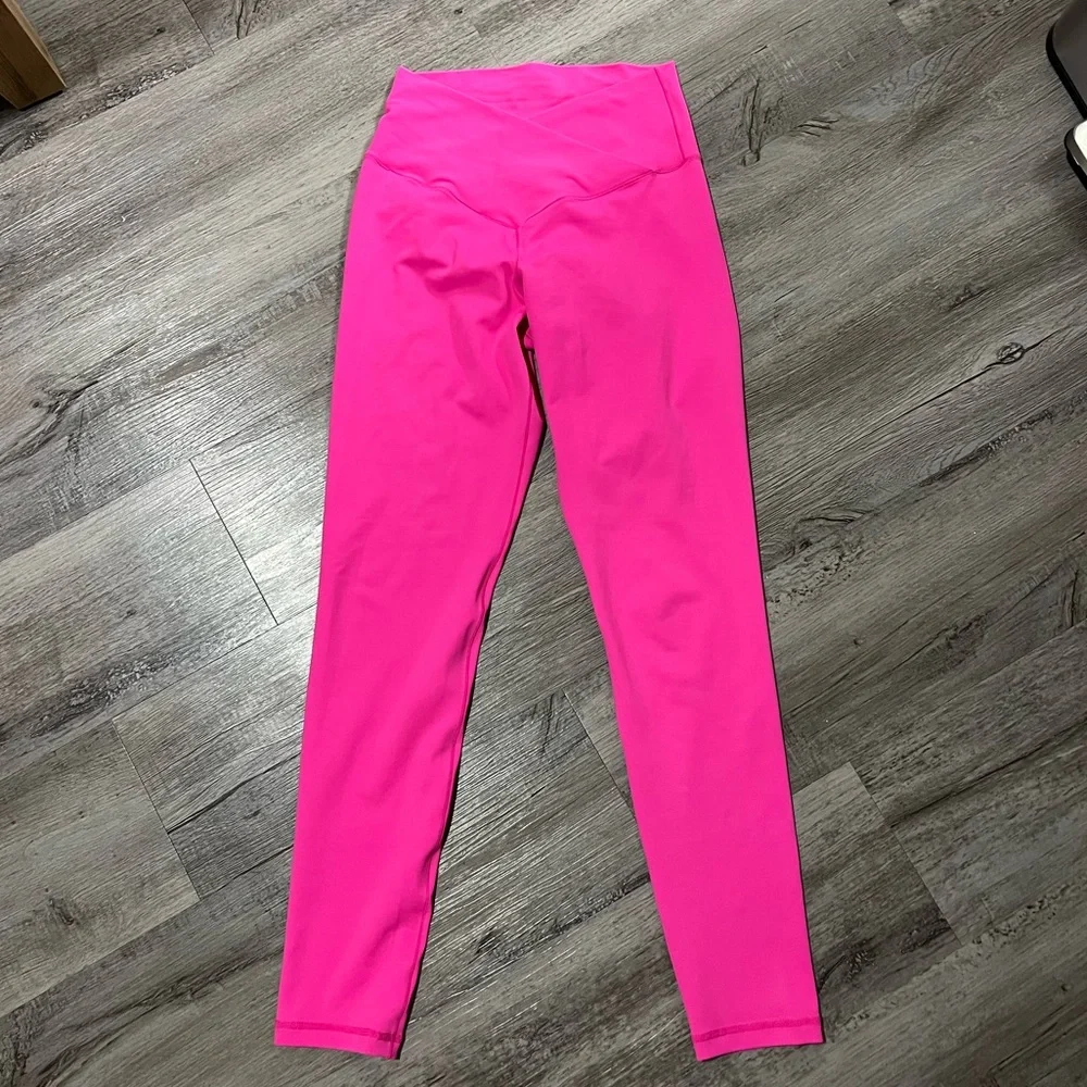 Pink Lily Cross Over Neon Sonic Pink Women's Leggings - Picture 2 of 5